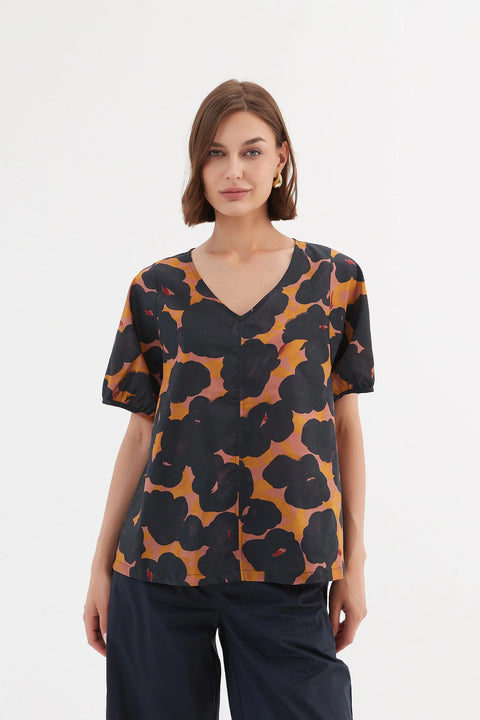 V Neck Poplin Top - Desert Blooms